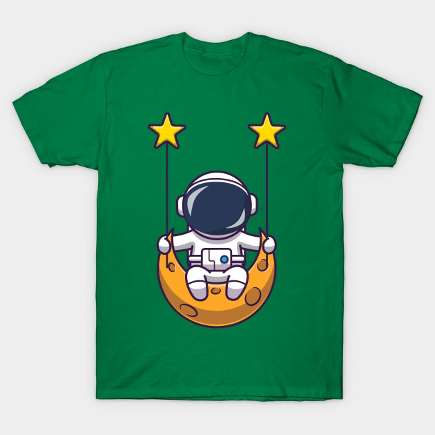 Cute Astronaut Swinging On Moon Cartoon T-Shirt by Catalyst Labs